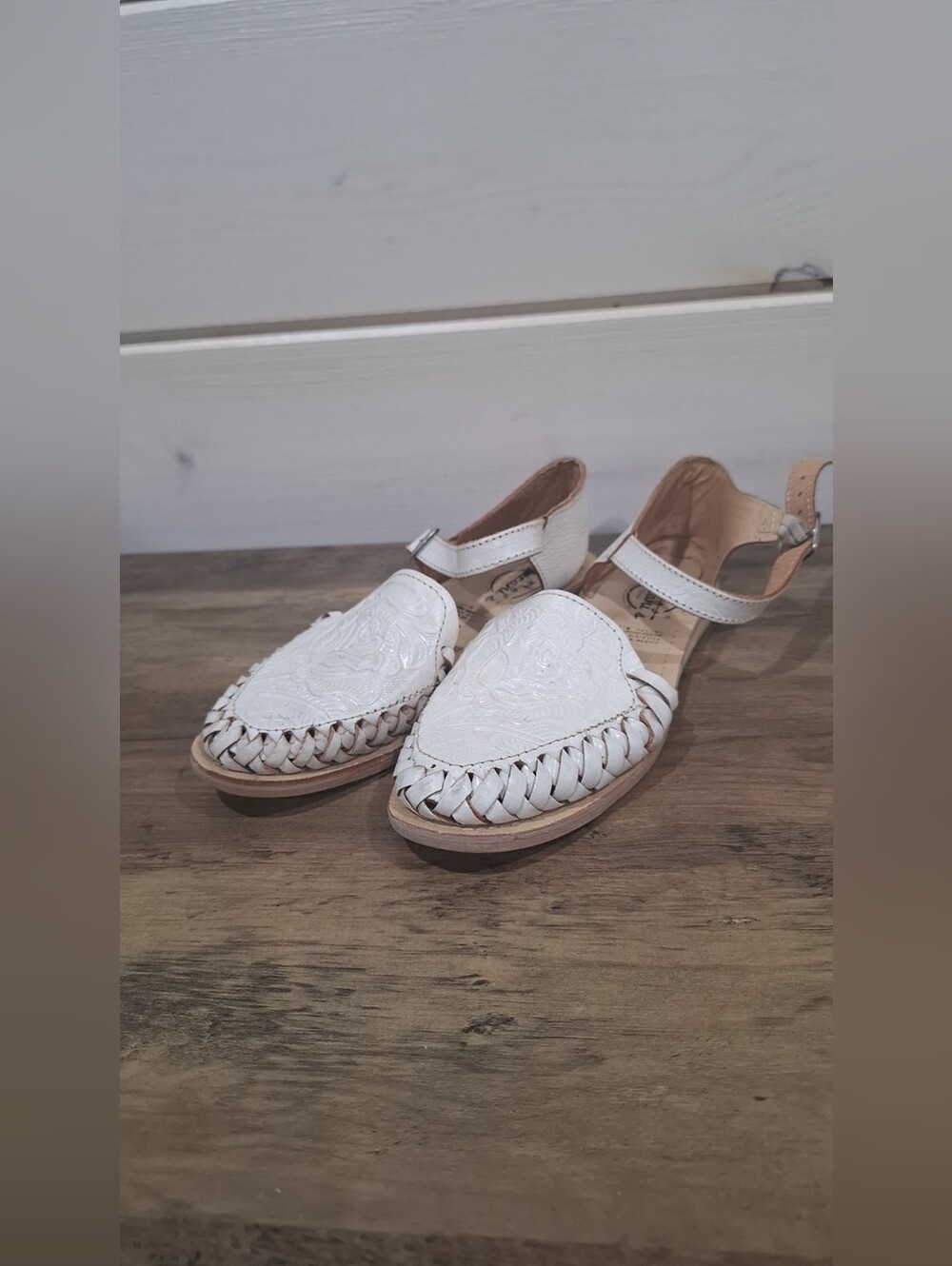 Cream Women's Braided Leather Sandals with Embroidered Toe
